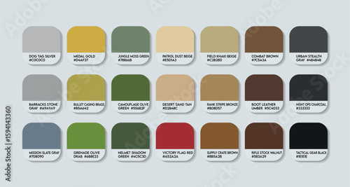 Military Tactical Color Swatch Chart Featuring Earthy Camo Tones with HEX Codes and Color Names for Combat-Themed Designs. Soldier Inspired Color Palette for Graphic Design. Camouflage Greens Vector