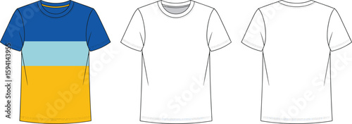 T-shirt front and back fashion sketch, striped and plain design options, casual wear layout, cad drawing flat vector illustration, template
