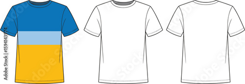 T-shirt front and back sketch layout, stripe and plain color design, casual fashion wear, cad drawing flat vector illustration, template