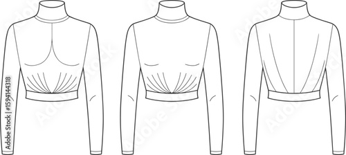 Turtleneck crop tops technical sketch, three front and back views, winter fashion design template, cad drawing flat vector illustration, apparel layout