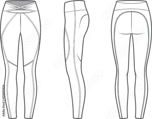 Yoga leggings front, side, back sketch, crisscross waistband and panel line detailing, cad drawing flat vector illustration, fashion template design