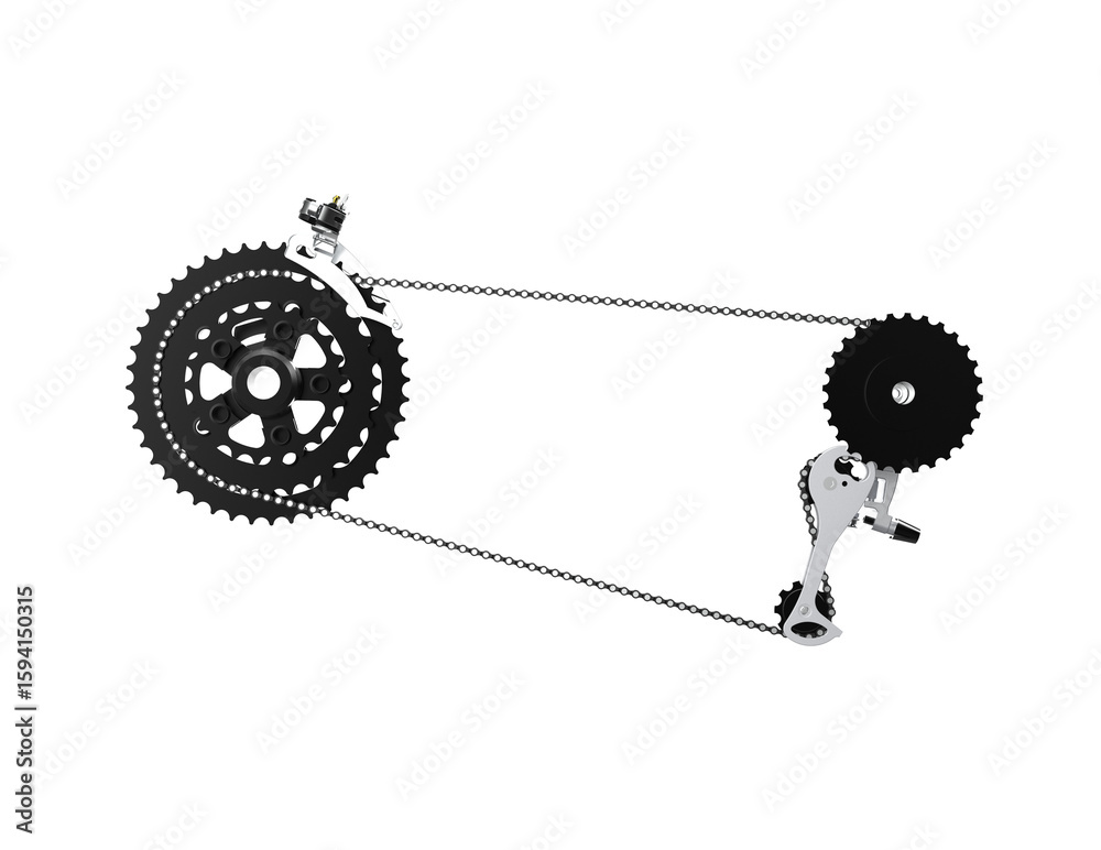 Φωτογραφία Precision Bicycle Power Transmission: Detailed Isolated Shot of Cycling Chain, Rear Derailleur, and Gear Cassette, Showcasing Advanced Bike Engineering and Mechanical Design on Transparent PNG