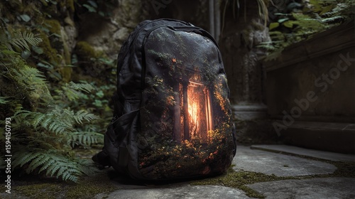 A serene camping scene by a lake at dusk, featuring a backpack, boots, and a warm campfire surrounded by nature.