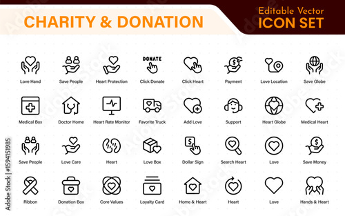 Charity and donation icon set. charity and donation icon set, Help, volunteer, donated assistance, sharing, and solidarity symbol. Outline icons  collection.
