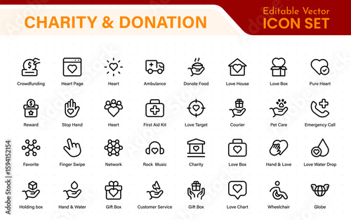 Charity and donation icon set. charity and donation icon set, Help, volunteer, donated assistance, sharing, and solidarity symbol. Outline icons  collection.