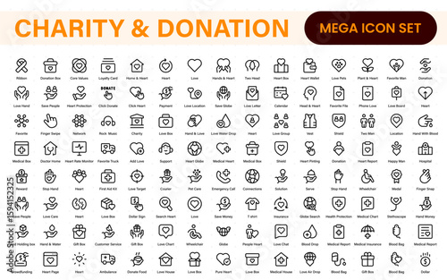 Charity and donation icon set. charity and donation icon set, Help, volunteer, donated assistance, sharing, and solidarity symbol. Outline icons  collection.