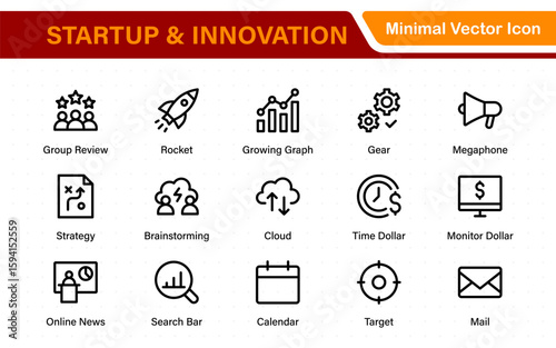 Startup and innovation line icons pack. Editable stroke, scalable symbols, modern collection.