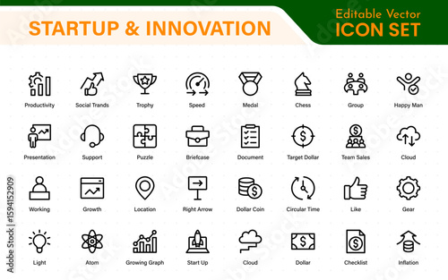 Startup and innovation line icons pack. Editable stroke, scalable symbols, modern collection.