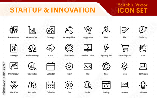 Startup and innovation line icons pack. Editable stroke, scalable symbols, modern collection.