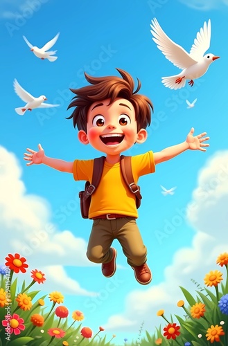 Joyful Boy Leaps in Spring Meadow. 3D Illustration Cartoon.