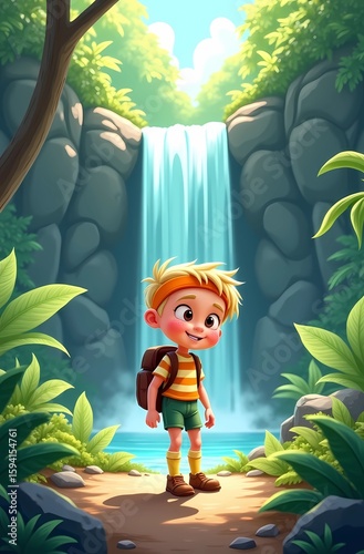Joyful Boy Explorer at Lush Waterfall Cartoon Illustration. Happy Child Adventure Scene