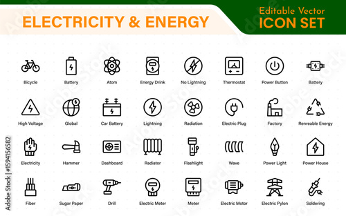 Electricity and energy icon bundle. Isolated icons of lamps, extension cords, wall outlets, light switches, and electric cables.