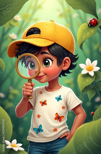 Curious Girl Exploring Nature with Magnifying Glass. Vibrant Illustration Child Wearing Yellow Cap in Lush Green Garden. Butterfly and Ladybug Design