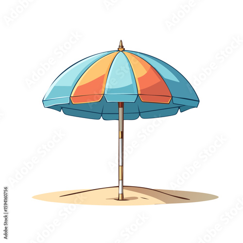 Blue and orange beach umbrella in sand, perfect for summer, vacation, beach, travel, relaxation, tropical, seaside, sun protection concepts.