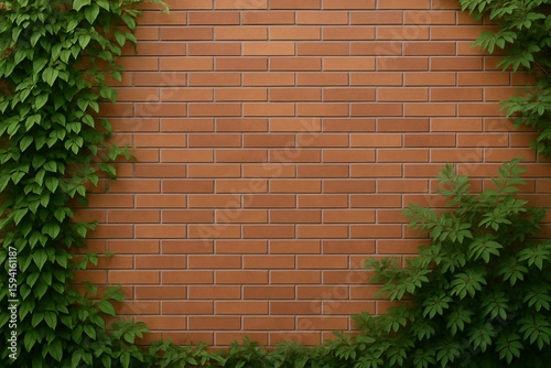 Terracotta Wall with Lush Green Foliage on a Balanced Background