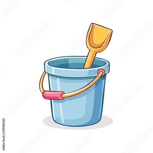 Blue plastic pail and yellow sand shovel. Perfect for summer themed designs, beach vacation promotions, kids products, and outdoor activities.