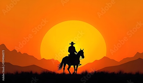 Silhouette of a cowboy riding a horse against a vibrant orange sunset.