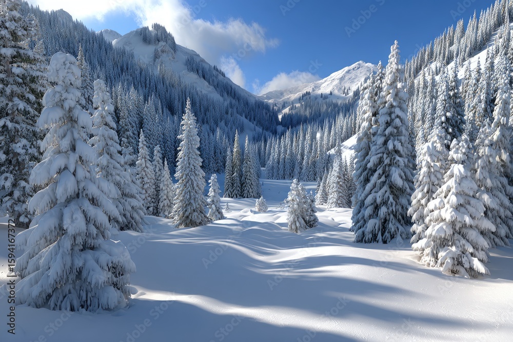 Snowy mountain valley, sunlit, frosted pines Snowy mountain valley, sunlit, frosted pines
