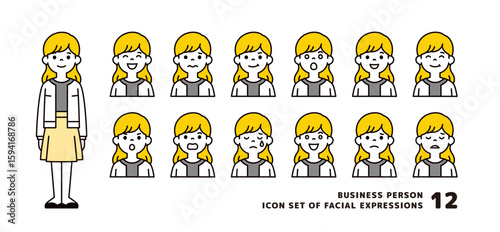オフィスカジュアルの若い女性の、いろいろな表情のアバターアイコン素材セット＿ベクター