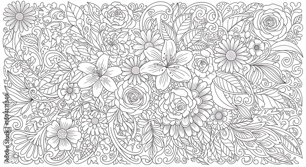 Fototapeta premium Detailed floral design for coloring book featuring flowers and intricate swirls