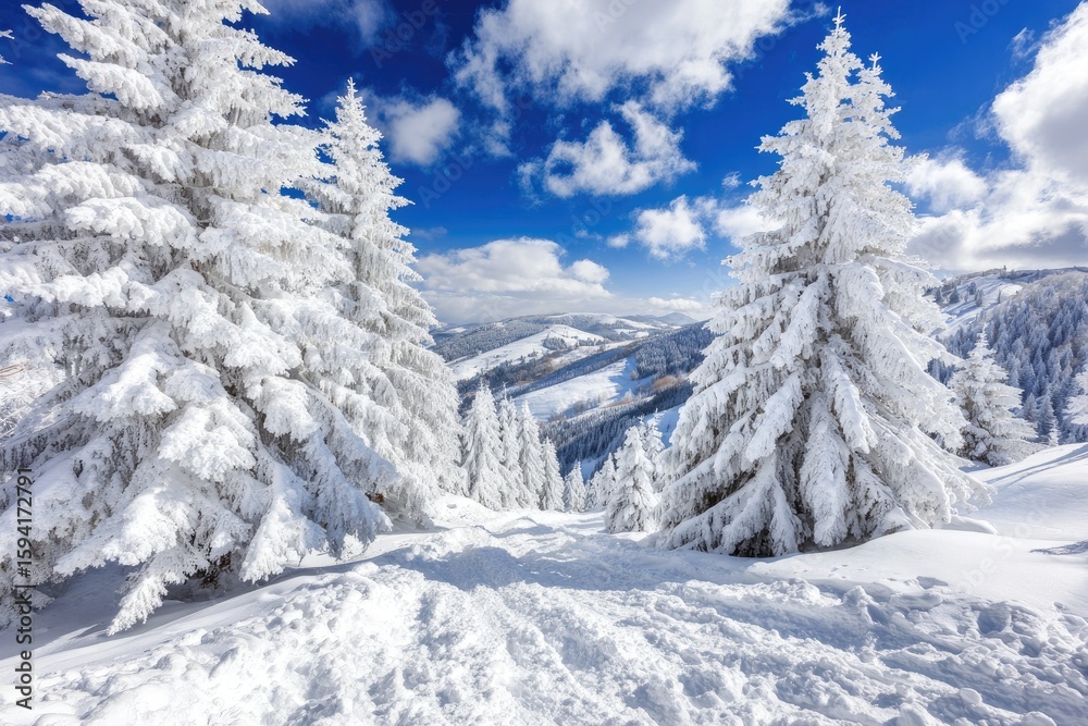 Naklejka premium Snowy mountain peaks with frosted trees (1)