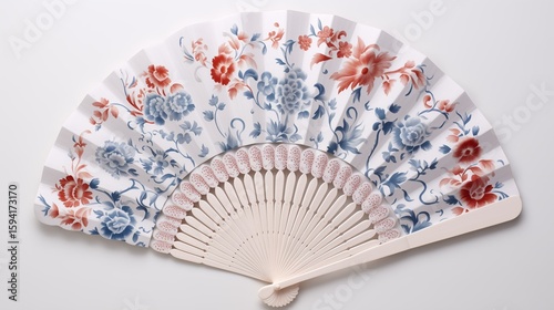 Traditional Handheld Folding Fan with Red and Blue Floral Patterns on White