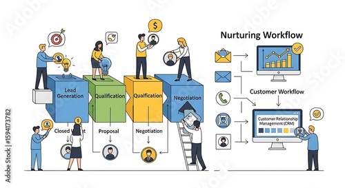 A diagram illustrating the steps in a business nurturing workflow and customer workflow.