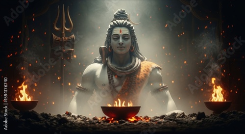 Lord shiva meditating amidst fire and smoke in a spiritual setting
