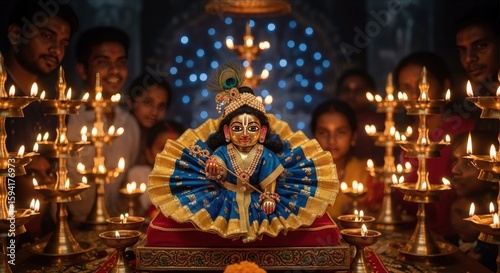 Idol of lord krishna surrounded by devotees and oil lamps