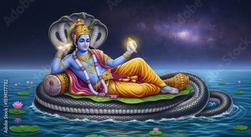 Lord vishnu is resting on shesha naga in the cosmic ocean