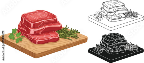 Fresh raw beef steak on wooden board with rosemary and parsley for grilling barbecue concept art