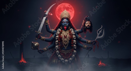 Illustration of hindu goddess kali with sword and severed head