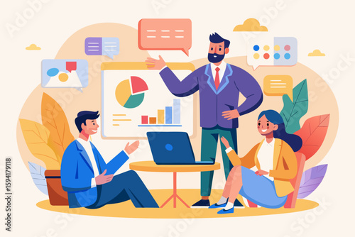 Business professionals collaborating and presenting data during a meeting