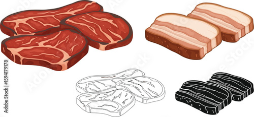 Fresh meat cuts vector illustration of beef steak bacon and meat outline drawing for butcher shop