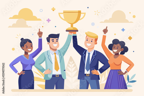 Diverse team celebrates victory holding a golden trophy high in the air