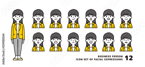 若いおしゃれなビジネスウーマンの、いろいろな表情のアバターアイコン素材セット＿ベクター