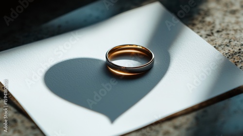 Elegant gold ring casting a heart-shaped shadow on white paper in soft light