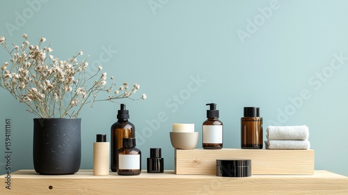 Modern bathroom countertop displays minimalistic skincare and beauty products with natural decor for a calming atmosphere