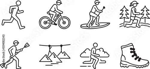 Set of outdoor activity icons featuring cycling stand up paddleboarding ziplining over mountains and running with clouds all in a simple black and white line
