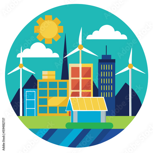 Cityscape powered entirely by solar panels and wind turbines in urban setting