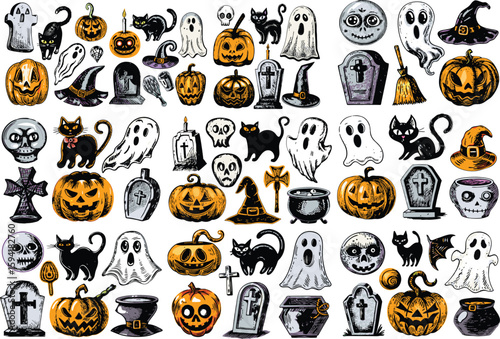 Collection of spooky Halloween decorations featuring pumpkins ghosts and black cats