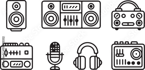 Minimalist Line Art Illustration of Audio Equipment Speakers Mixer Microphone and Headphones perfect for music production podcasting or audio engineering themed designs and creative projects
