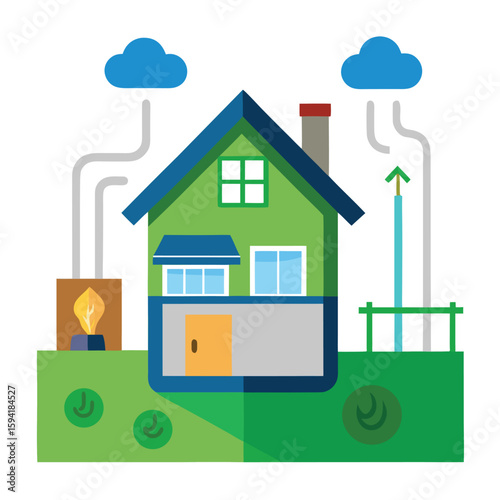 Cross section view of a green smart home using geothermal and solar tech