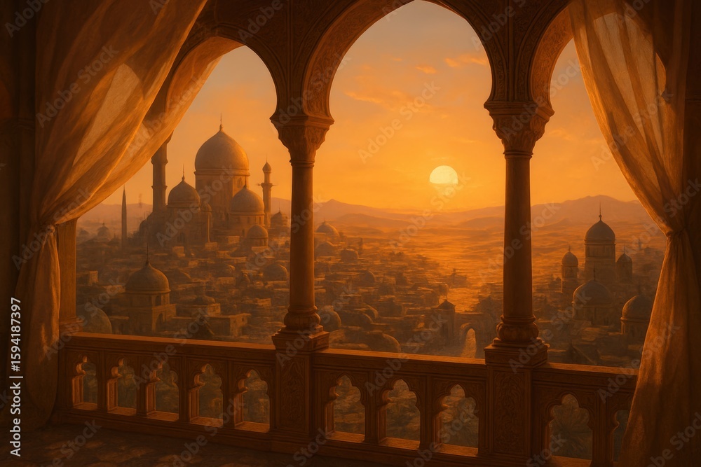 Naklejka premium Cityscape Sunset From Balcony