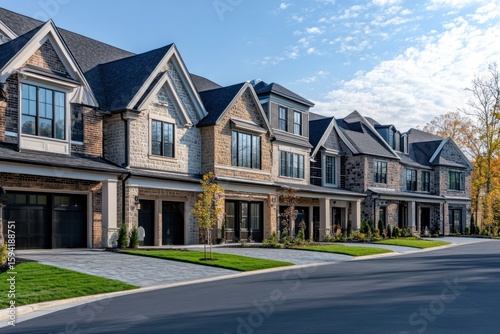 newly built stone and brick townhouses, suburban charm, wide driveway