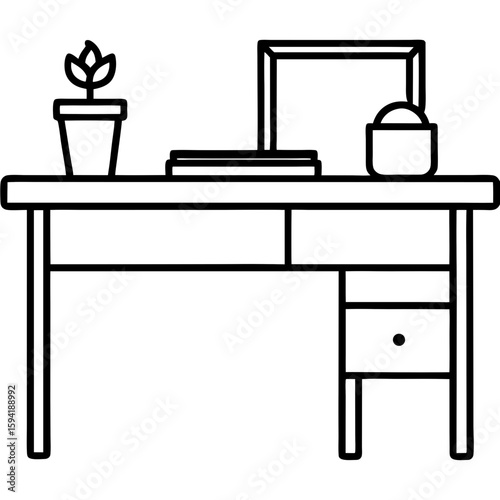 Office desk line art vector illustration 