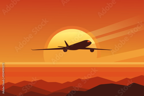 Airplane Taking Off Against Orange Sunset Sky