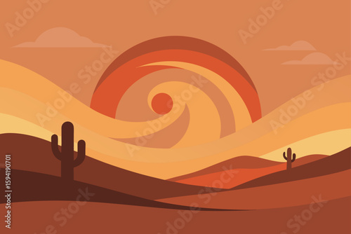 Atmospheric Desert Sunset With Lone Cactus and S
