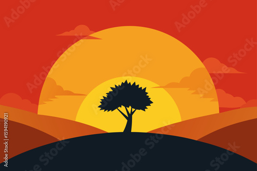 Bright Sunset Behind Tree Covered Hilltop