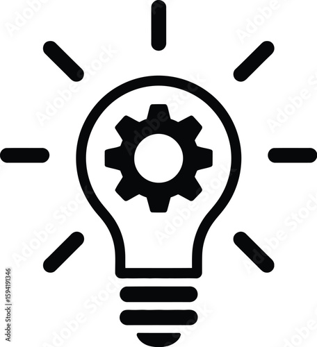 Lightbulb with gear inside represents innovation, ideas, and creative solutions in black and white.